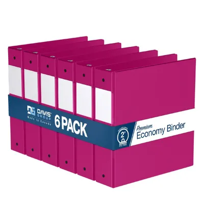 Davis Group 6pk 2 Premium Economy Round Ring Binders Pink: Hard Cover, 400 Sheet Capacity, 2 Pockets, Polypropylene