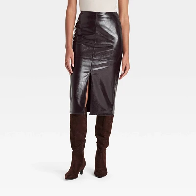 Womens Faux Leather Midi Skirt