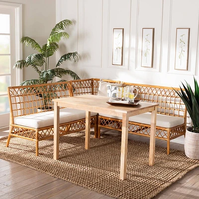 bali & pari 4pc Aina Rattan Dining Nook Set White/Light Honey/Oak Brown: Upholstered Corner Sectional, Rubberwood Frame