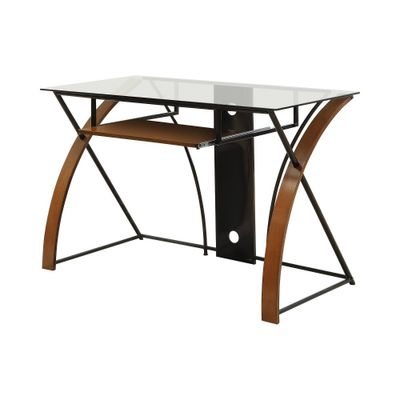 Soron Computer Desk Oak/Black - miBasics: Tempered Glass, Metal Frame, Pull-Out Tray, Open Shelf