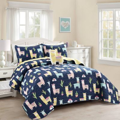 3pc Twin Kids Southwest Llama Cactus Reversible Quilt Set Navy - Lush Dcor