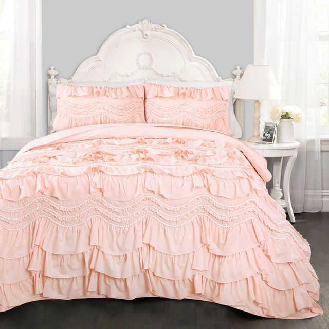 Full/Queen 3pc Kemmy Quilt & Sham Set Blush - Lush Dcor: Polyester, Ruffled, Lightweight