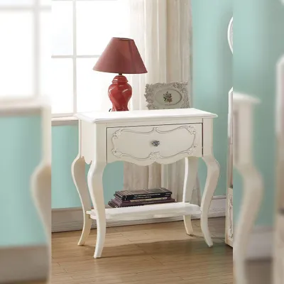 Edalene 24 Nightstands Pearl White - Acme Furniture: Upholstered, Clear Rosette Knobs, Cabriole Legs