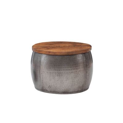 Powell Small Beaton Boho Hammered Drum Side Table with Storage in Pewter Solid Wood Top in Natural: Round, No Assembly Required