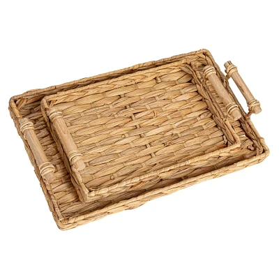 Household Essentials Handwoven Water Hyacinth Rectangular Tray Set with Wood Handles Natural Set of 2