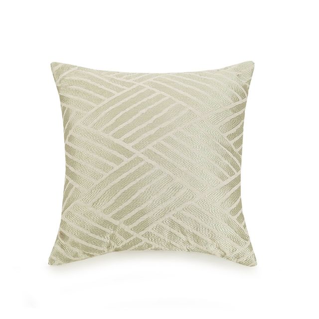 Ayesha Curry 18X18 Embroidered Geo Throw Pillow Ivory: Linen & Rayon, Indoor Square Cushion, Stripe Design