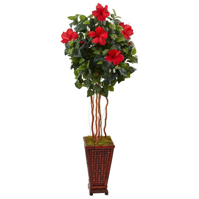 5ft Artificial Hibiscus Tree in Decorated Wooden Planter - Nearly Natural: Faux Floral Display, Indoor Polyester Plant