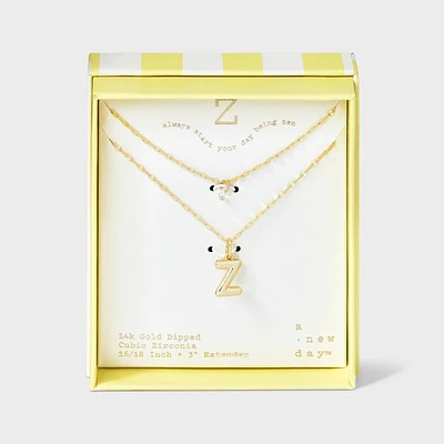 14K Gold Dipped Initial Z Cubic Zirconia Layered Chain Necklace - A New Day Gold