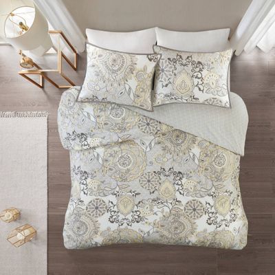 Madison Park 3pc Full/Queen Lian Cotton Floral Printed Reversible Duvet Cover Set Yellow: Shabby Chic Bedding Set with Pillow Shams