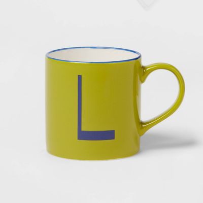 16oz Stoneware Monogram Mug L Yellow/Green - Opalhouse: Bohemian Initial Drinkware, Microwave & Dishwasher Safe