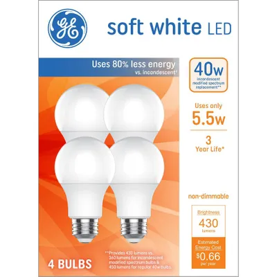 GE 4pk 40W Soft White A19 LED Light Bulbs