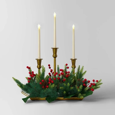 20.5x17 3pc Christmas Flameless Taper Candle and Gold Holder in Wood Tray with Faux Greenery - Wondershop