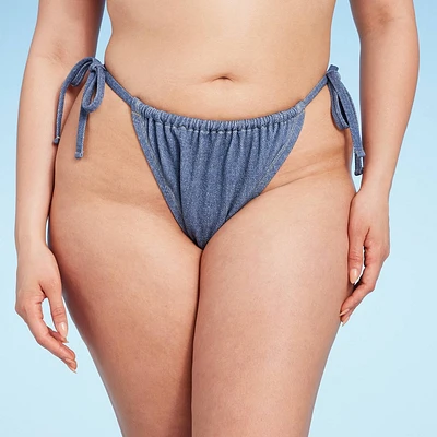 Womens Denim Textured Side-Tie High Leg Cheeky Bikini Bottom