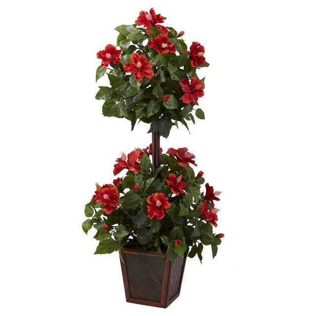 Nearly Natural Hibiscus Topiary (39): Large Silk Double Blooms, Indoor Faux Plant with Planter