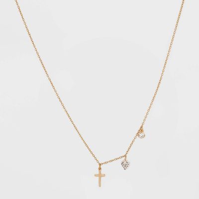 Sterling Silver Gold Dipped Cubic Zirconia Heart and Cross Chain Necklace - Gold