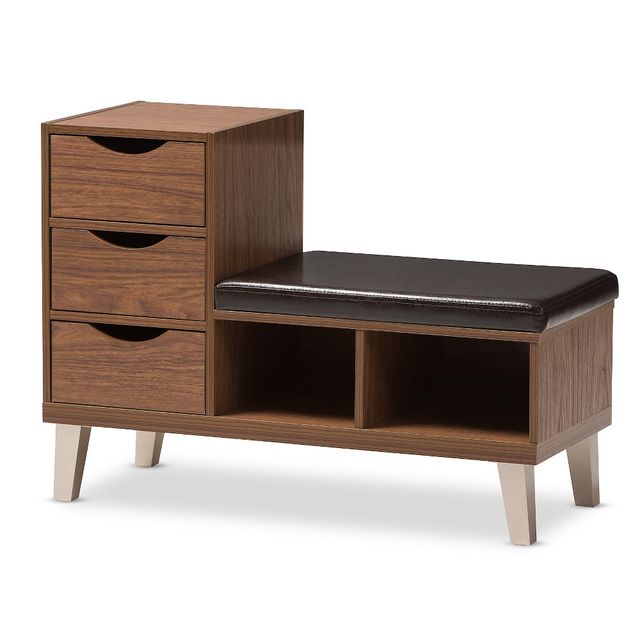 Baxton Studio Arielle Modern and Contemporary Dark Brown Wood 3-drawer Shoe Storage Padded Leatherette Seating Bench with Two Open Shelves Baxton Studio Arielle Modern and Contemporary Dark Brown Wood 3-drawer Shoe Storage Padded Leatherette Seating Bench with Two Open Shelves