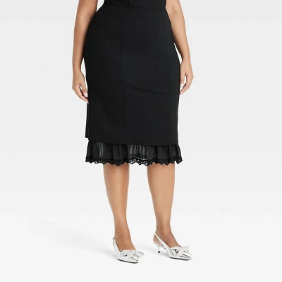 Womens Lace Trim Midi A-Line Skirt