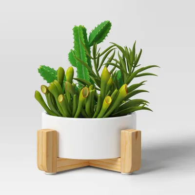 Artificial Succulent Wood Planter - Threshold: Faux Greenery, Indoor Stoneware Pot Decor