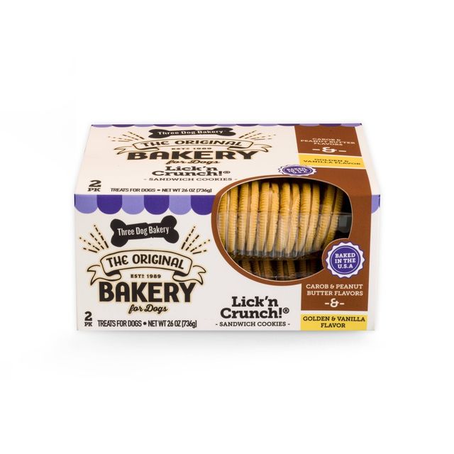 Three Dog Bakery Lick n Crunch Carob with Peanut Butter Filling and Golden Vanilla Flavor Dog Treats - 26oz