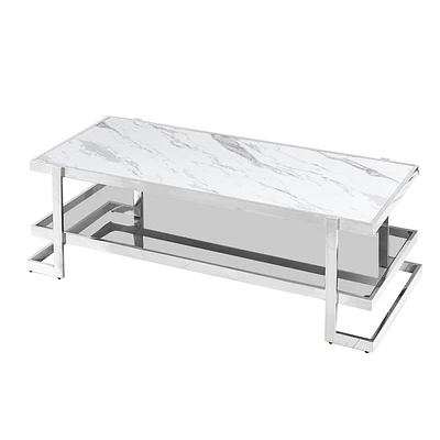 Sagebrook Home 18 Metal and Marble Rectangle Coffee Table Silver/White: Glam Style, Mirrored Shelf, No Assembly Required