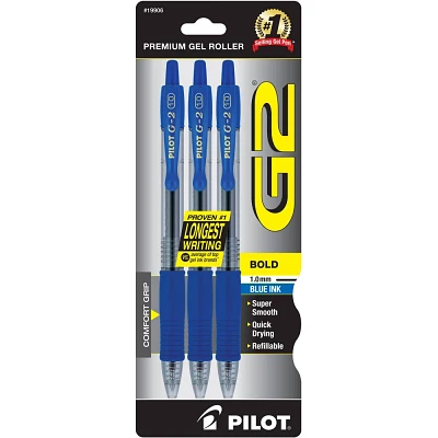 Pilot 3ct G2 Gel Pens Bold Point 1.0mm Blue Ink: Retractable, Rubber Grip, Office Stationery, Includes Gel Pens