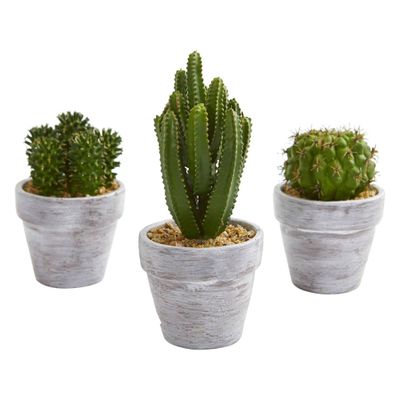 Nearly Natural 8 x 3.5 3pc Artificial Cactus Plant Set: Indoor Faux Succulent Decor, Styrofoam Filler, Plastic Pot