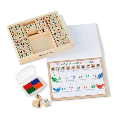 Melissa & Doug Deluxe Letters and Numbers Wooden Stamp Set ABCs 123s With Activity Book, 4-Color Stamp Pad