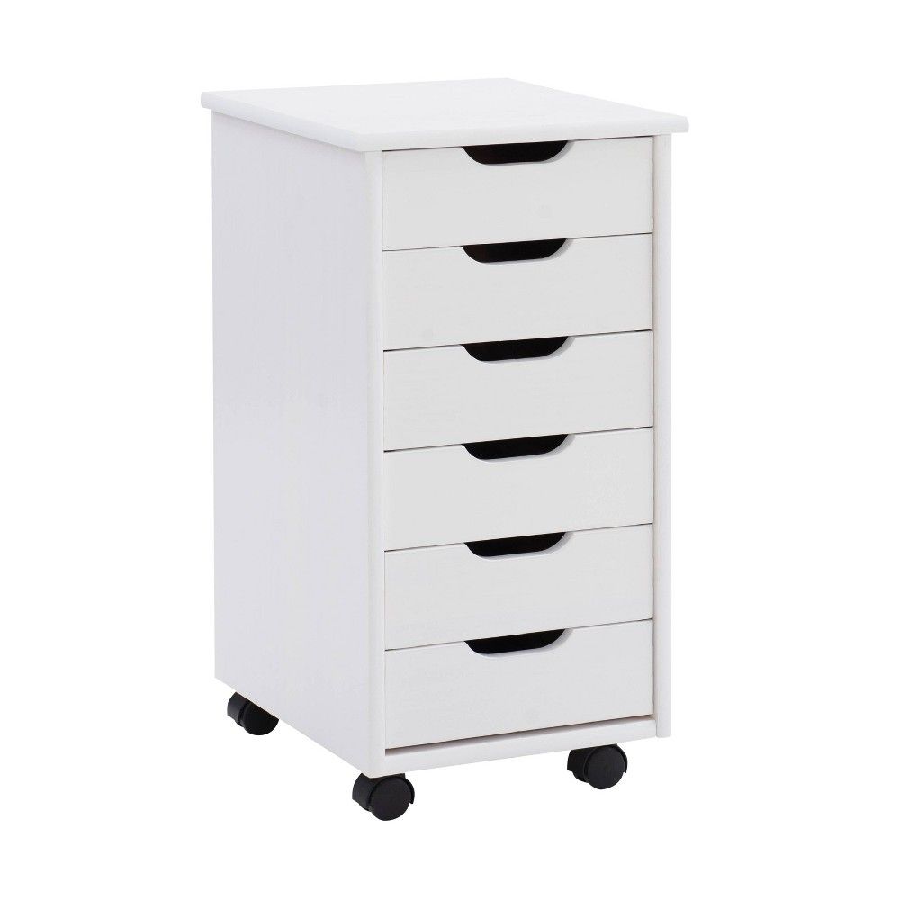 Cary Transitional 6 Drawer Solid Wood Contoured Handle Cut Out Rolling  Storage Cart White - Linon