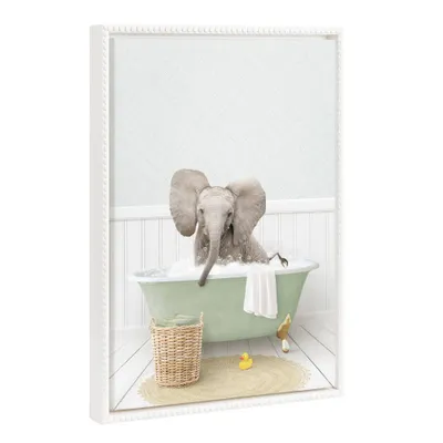 18x24 Sylvie Beaded Baby Elephant Big Ears in Cottage Bath Framed Canvas by Amy Peterson White - Kate & Laurel All Things Decor