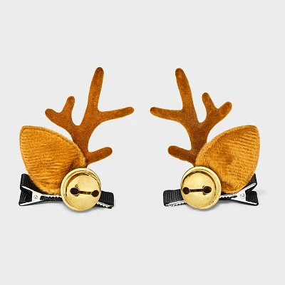 Reindeer Antlers with Bell Hair Clip Set 2pc - Brown/Gold