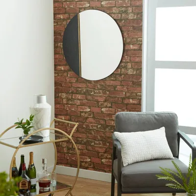 Novogratz Glass Wall Mirror with Marble Accent Black : 28 Round, Contemporary Style, Spot/Wipe Clean, No Assembly Required