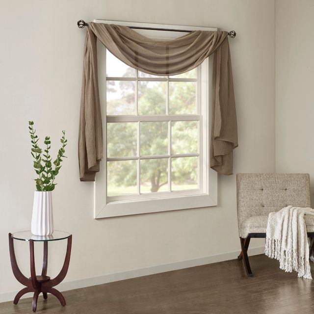 144x42 Avery Solid Crushed Scarf Sheer Taupe: Madison Park Sheer Window Scarf, Contemporary Curtain Panel