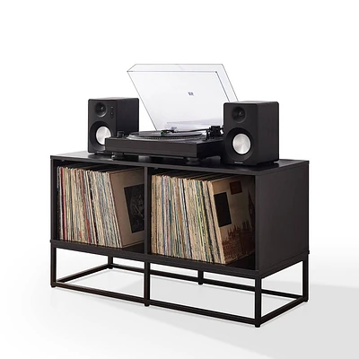 Crosley 40 Enzo Medium Record Storage Media Console Black: Modern Audiophile Cabinet with Steel Legs