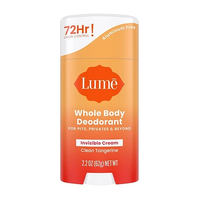 Lume Whole Body Womens Deodorant - Invisible Cream Stick - Aluminum Free - Clean Tangerine Scent - 2.2oz