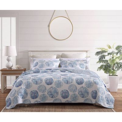 Tommy Bahama  Ocean Isle 3pc Cotton Quilt & Sham Set Blue: Machine Washable, OEKO-TEX Certified