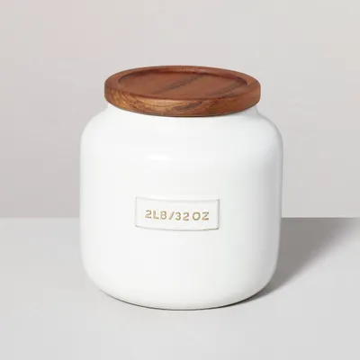 32oz Dry Goods Stoneware Canister with Wood Lid Cream/Brown - Hearth & Hand with Magnolia: Matte Finish, Hand Wash Safe