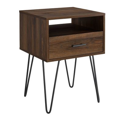 Saracina Home Amal Modern Single Drawer Hairpin Leg Nightstand Dark Walnut: Industrial Style, MDF & Metal Frame, Storage Shelf