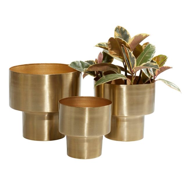 Set of 3 Metal Planters Gold - Olivia & May: Indoor/Outdoor, No Drainage