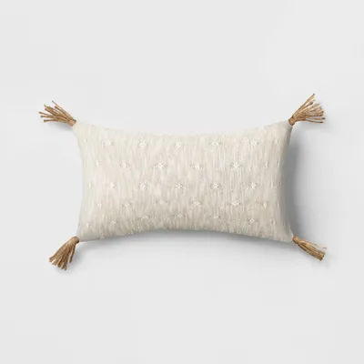 Woven Jacquard Lumbar Throw Pillow with Tassels Beige - Threshold: Cotton Fabric, Indoor Decorative Cushion, Zippered