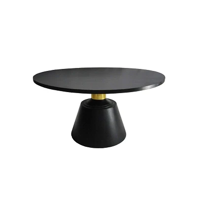 The Urban Port 32 Coffee Table Black Mango Wood Round Top Modern Tapered Pedestal Base Shiny Brass Support Black/Brass