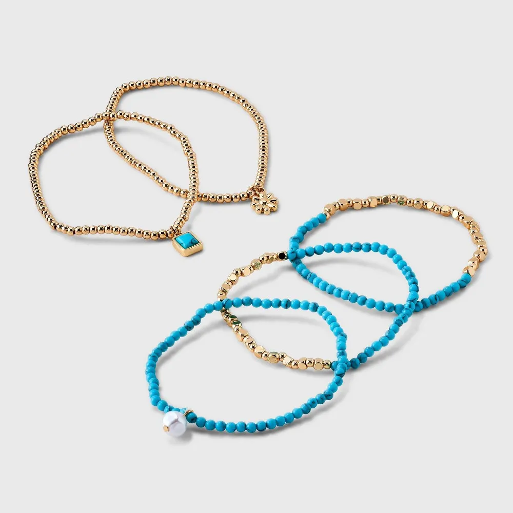 Beaded Stretch Charm Bracelet Set w Semi Precious Turquoise Set 5pc - Universal Thread Gold/Turquoise