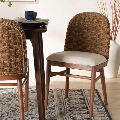 bali & pari Denver Acacia Wood and Seagrass Dining Chair White/Walnut Brown: Bohemian Style, Foam Padded