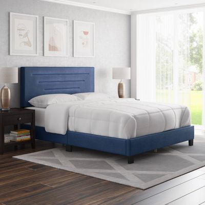 Twin Luca Upholstered Bed Blue Faux Leather - Eco Dream: Modern Design, Horizontal Stitching, 700 lbs Support