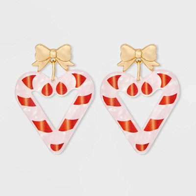 Candy Cane Heart Bow Post Drop Earrings - Gold/Pink/Red