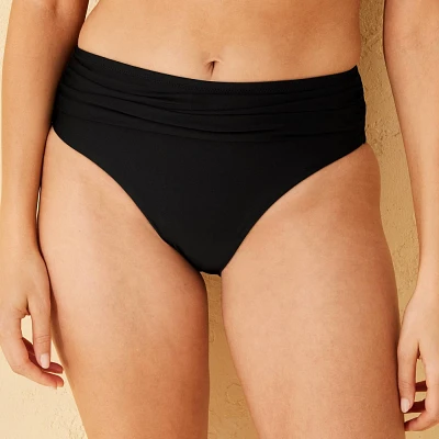 Womens Mid-Rise Shirred Waistband Bikini Bottom