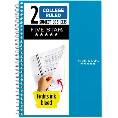 Five Star 80pg 2 Subject College Ruled Notebook 9.5x6: Spiral, Wire-Bound, Acid-Free, Perforated, Water-Resistant, Pocket