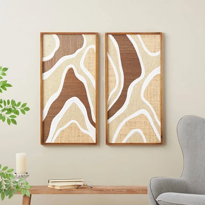 Olivia & May Set of 2 Wood Abstract Textured Wavy Wall Decors with White and Tan Accents Brown