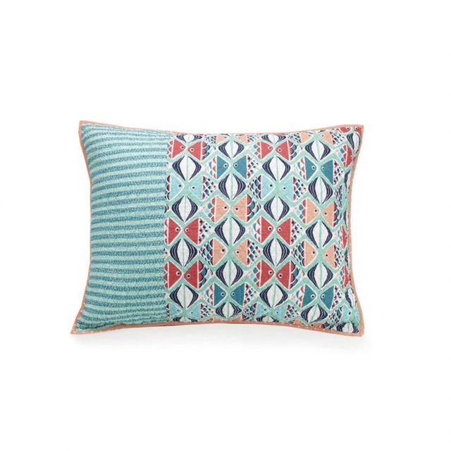 Standard Go Fish Pillow Sham Teal - Vera Bradley: Cotton Material, Zipper Closure, Quilt Stitching Design, No Flange