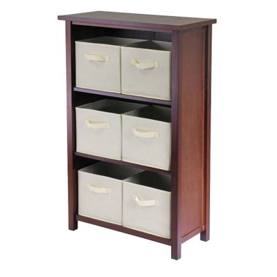 42.99 7pc Verona Set Storage Shelf with Folding Fabric Baskets Walnut - Winsome: Mid-Century Modern, Wood Composite