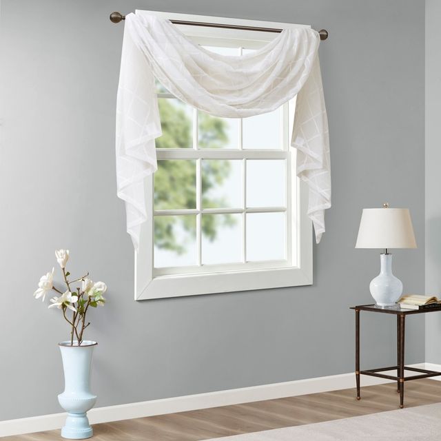 144x50 Clarissa Diamond Sheer Embroidered Window Scarf White: Madison Park Geometric Sheer Valance, Machine Washable